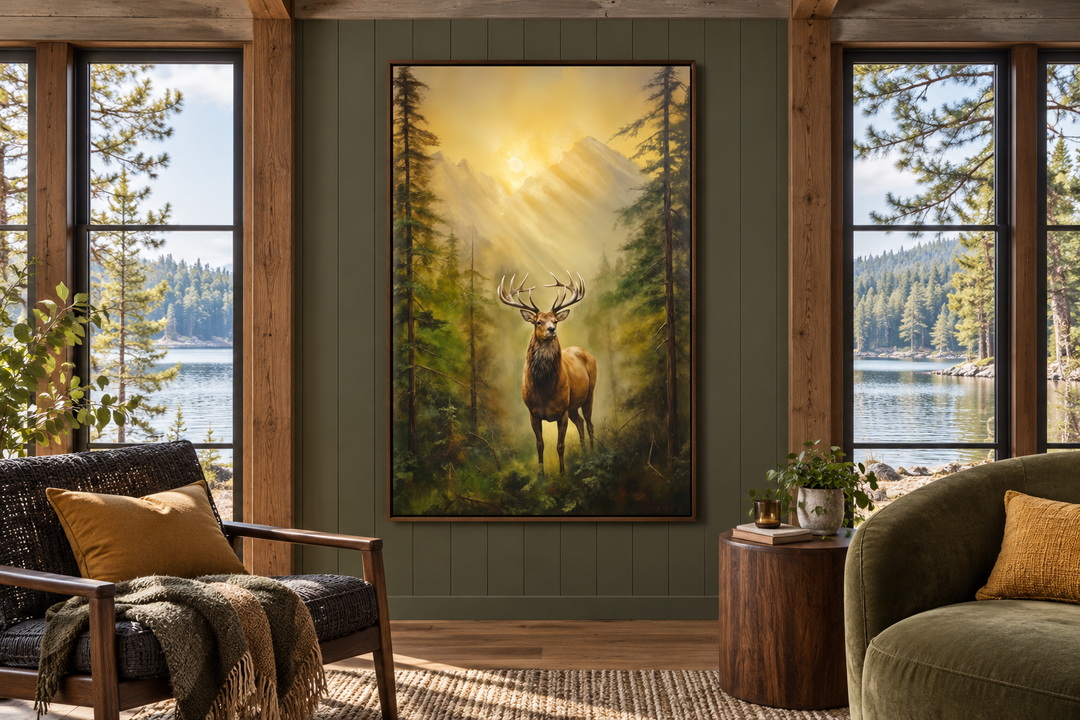 Framed canvas wall art of a majestic elk in a misty fir forest at sunrise, hung in a cozy sunroom.