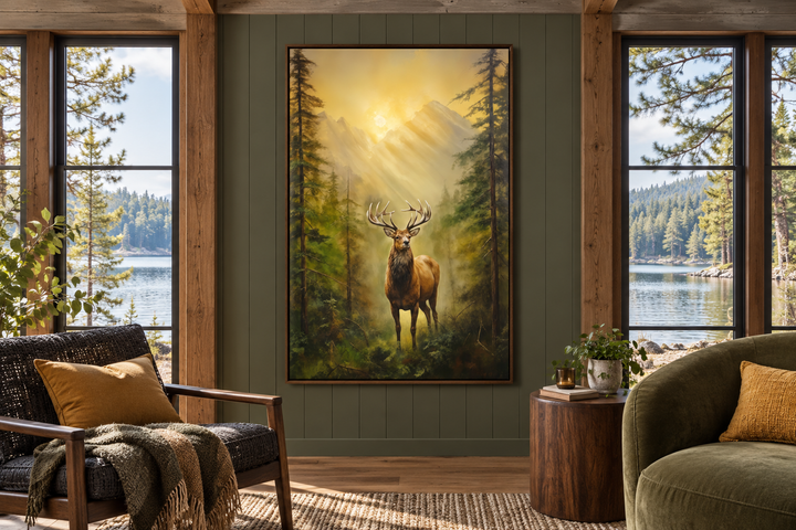 Framed canvas wall art of a majestic elk in a misty fir forest at sunrise, hung in a cozy sunroom.