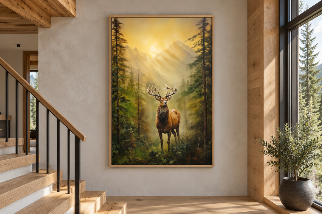 Framed canvas wall art of a majestic elk in a fir tree forest at sunrise, oil painting style.