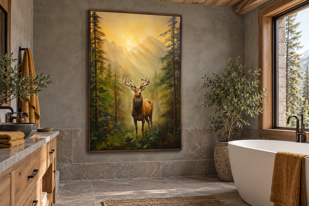 Framed canvas wall art of a majestic elk in a fir tree forest at sunrise, hung in a rustic bathroom.