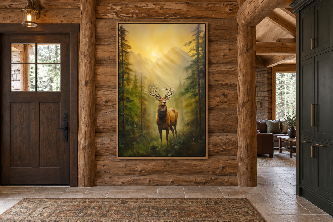 Elk in Fir Tree Forest At Sunrise Framed Canvas Wall Art hanging in a rustic log cabin entryway.