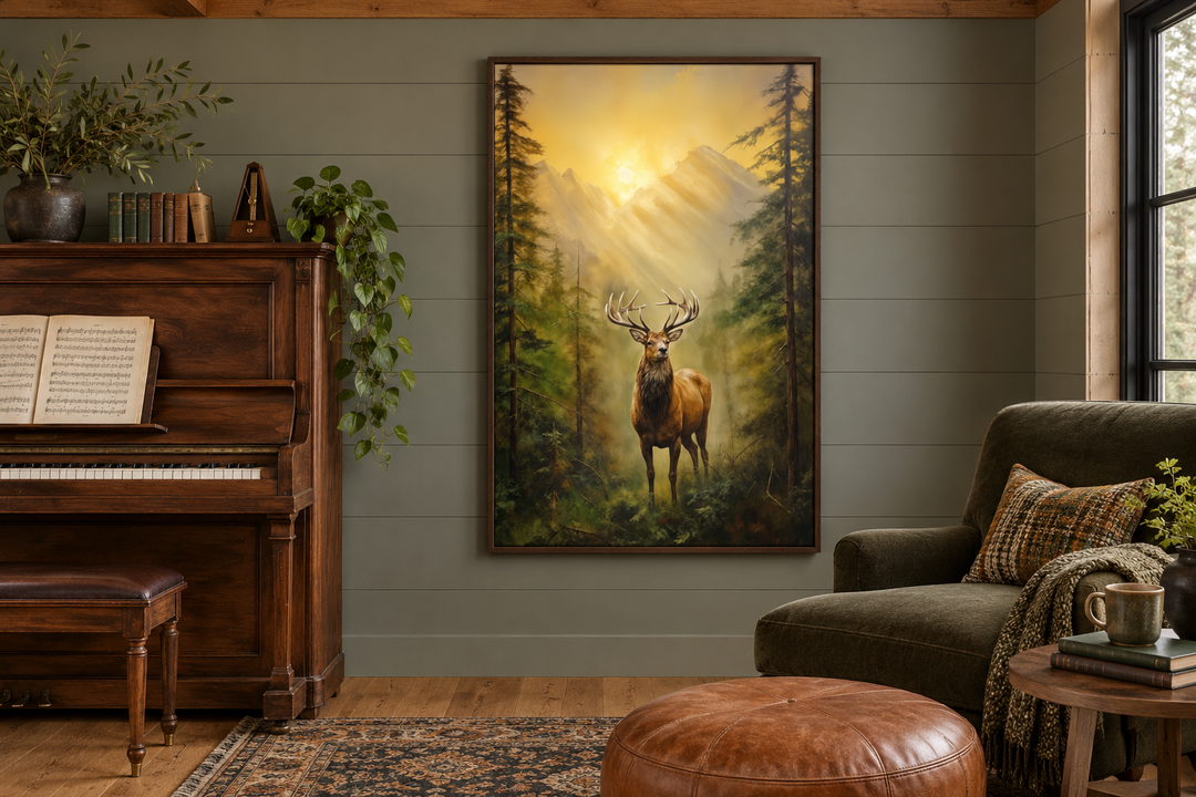 Framed canvas wall art of a majestic elk in a fir tree forest at sunrise, hung in a cozy room.
