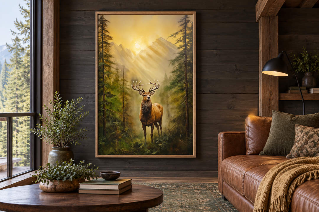 Framed canvas wall art of a majestic elk in a misty fir forest at sunrise in a rustic living room.