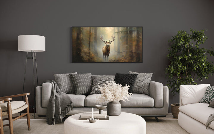 Elk in Foggy Green Forest Extra Large Framed Canvas Wall Art