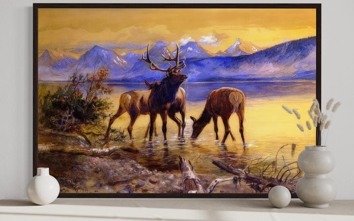 Elk in Lake McDonald By Charles M. Russell Reproduction Wall Art