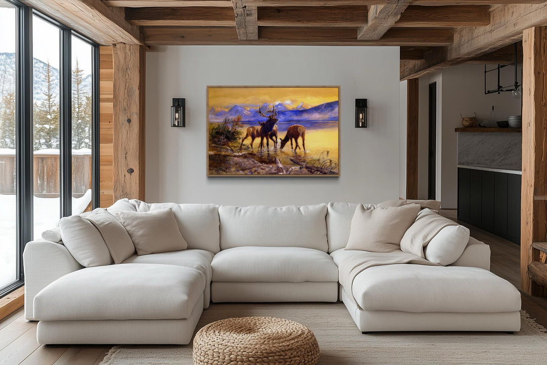 Elk in Lake McDonald By Charles M. Russell Reproduction Wall Art