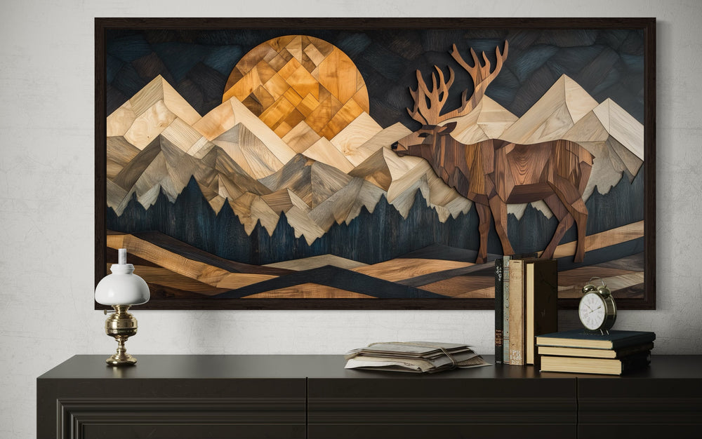 Elk in Mountain Forest Wood Panel Effect Framed Canvas Wall Art