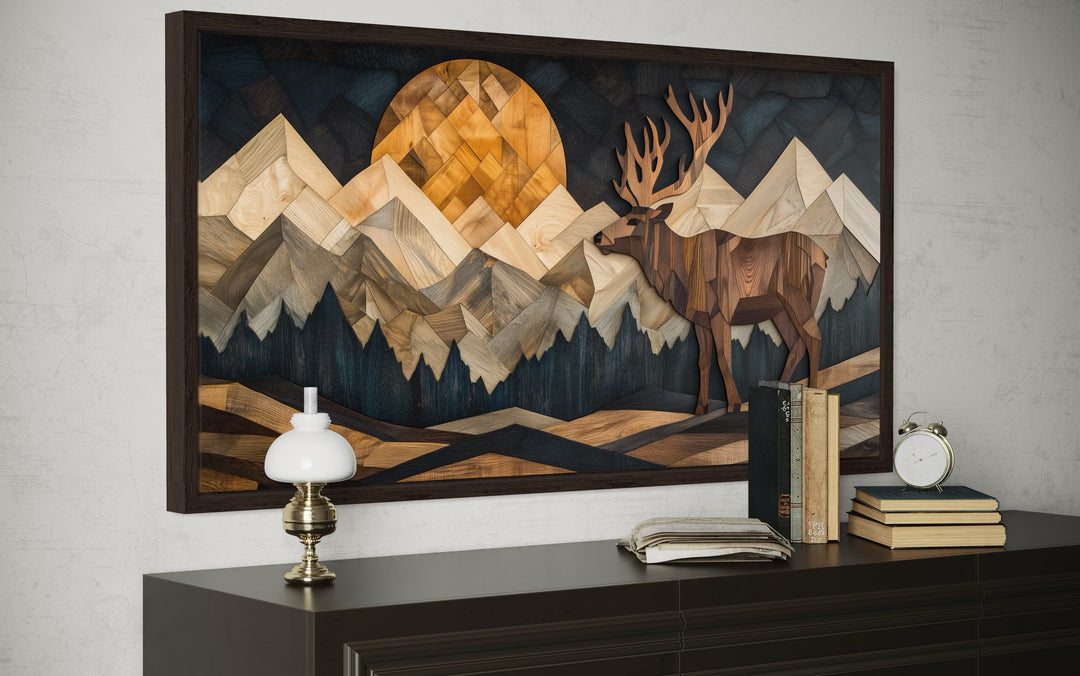 Elk in Mountain Forest Wood Panel Effect Framed Canvas Wall Art