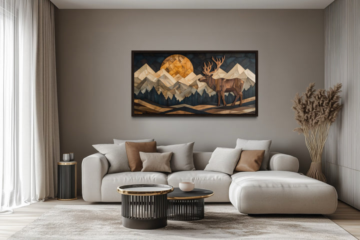 Elk in Mountain Forest Wood Panel Effect Framed Canvas Wall Art
