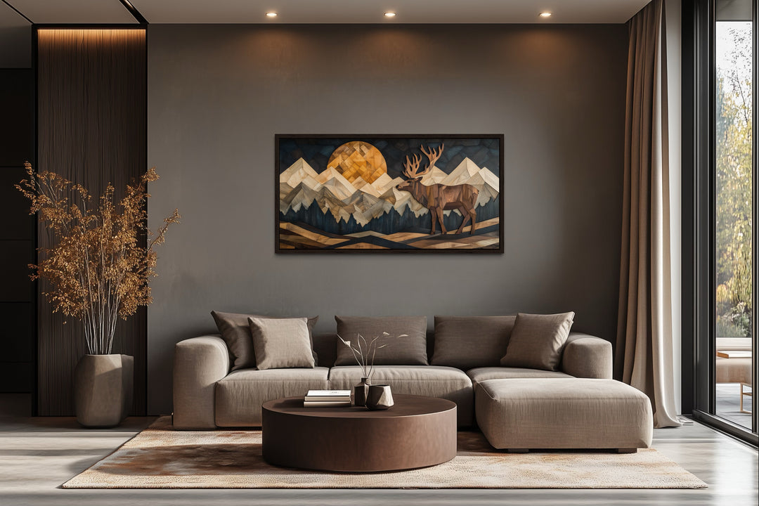 Elk in Mountain Forest Wood Panel Effect Framed Canvas Wall Art