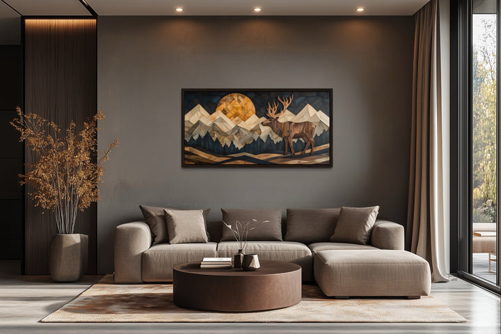 Elk in Mountain Forest Wood Panel Effect Framed Canvas Wall Art