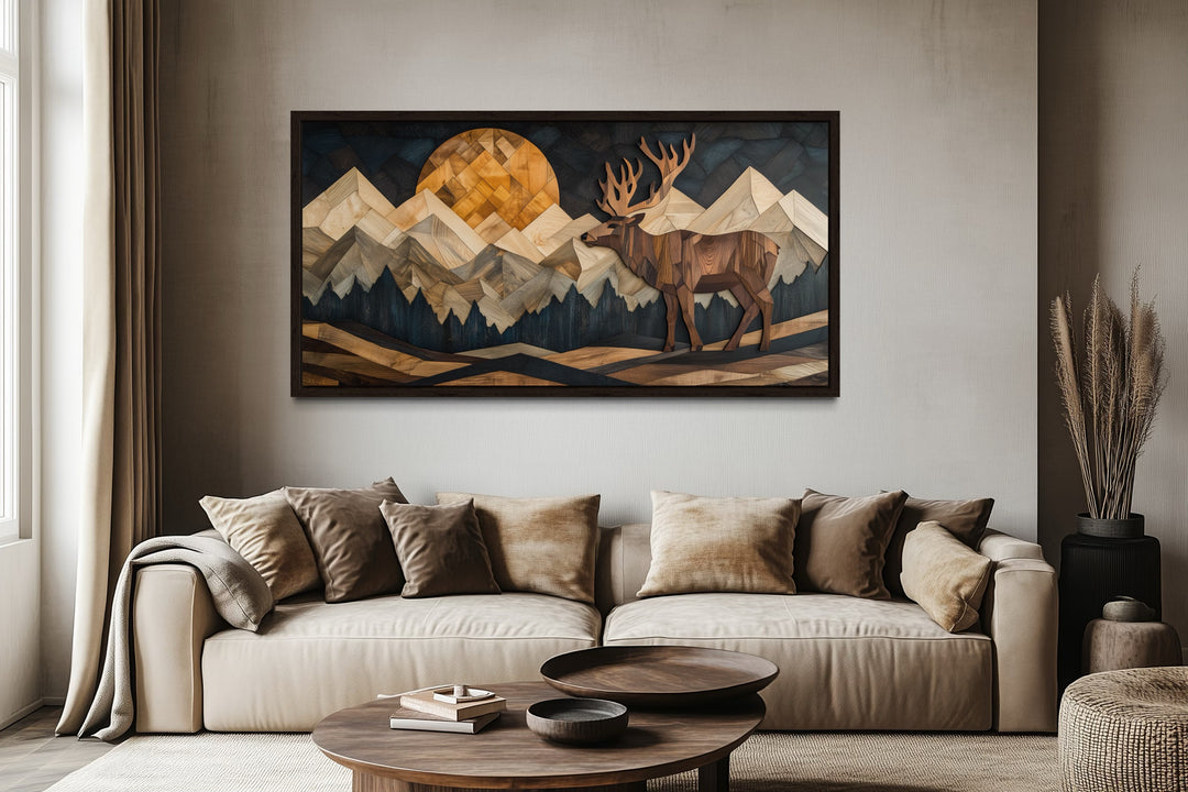 Elk in Mountain Forest Wood Panel Effect Framed Canvas Wall Art