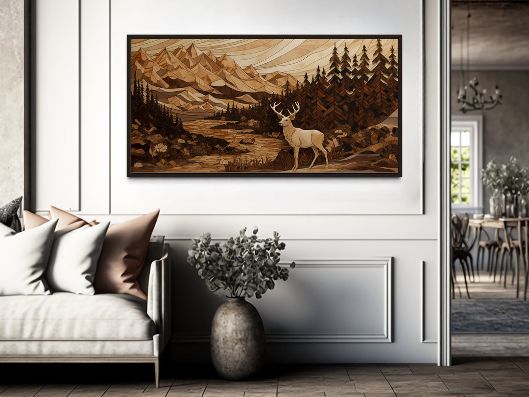 Elk in Mountain Forest Wood Panel Effect Framed Canvas Wall Art