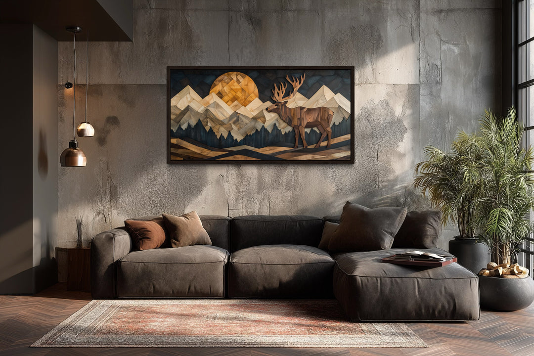 Elk in Mountain Forest Wood Panel Effect Framed Canvas Wall Art