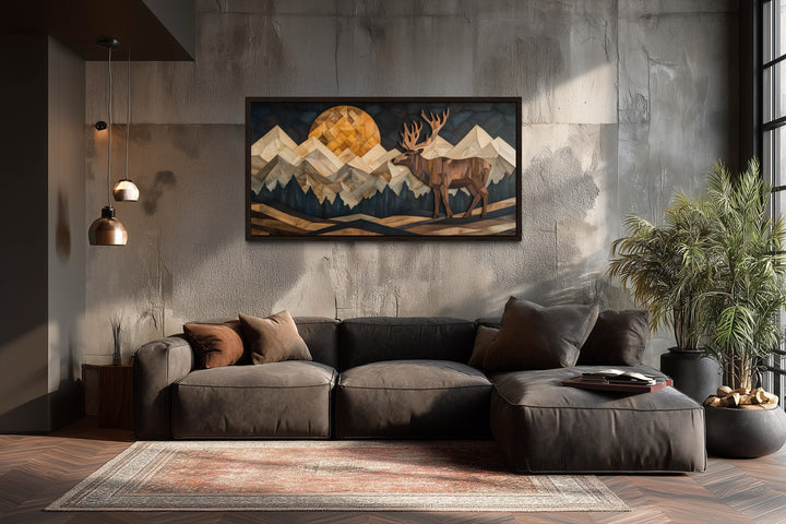 Elk in Mountain Forest Wood Panel Effect Framed Canvas Wall Art