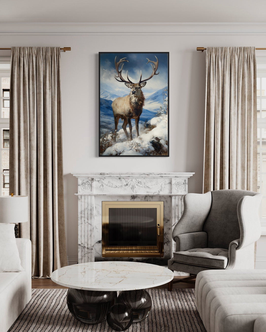 Elk in Snowy Mountains Framed Canvas Wall Art - Winter Cabin Decor