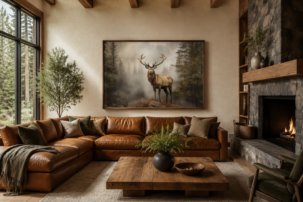 Framed painting of a majestic elk in a misty fir tree forest above a brown leather sectional sofa.