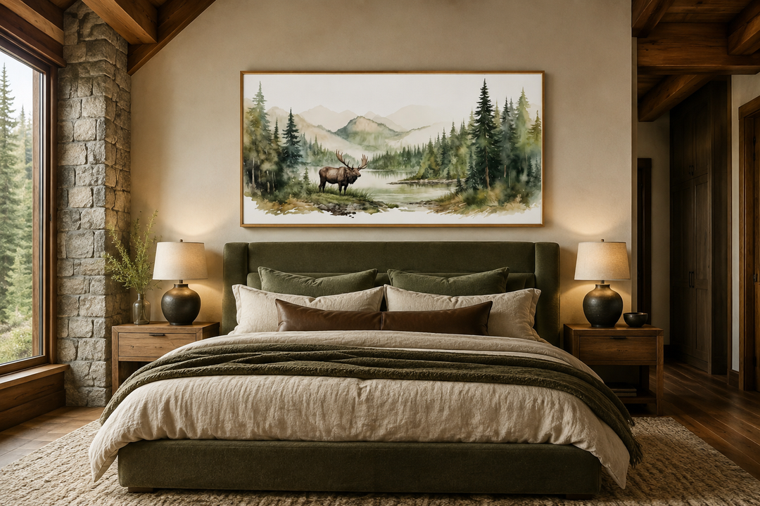 Framed watercolor canvas print of an elk in a mountain forest above a bed in a rustic bedroom.