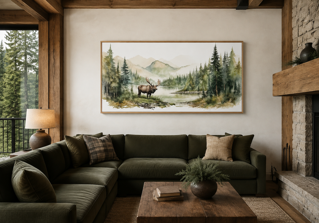 Framed watercolor canvas print of an elk in a mountain forest above a green sectional sofa.