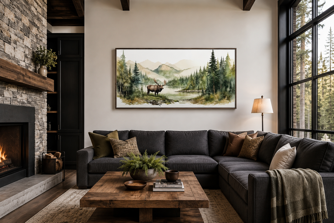 Framed watercolor canvas print of an elk in a mountain forest above a dark sectional sofa.