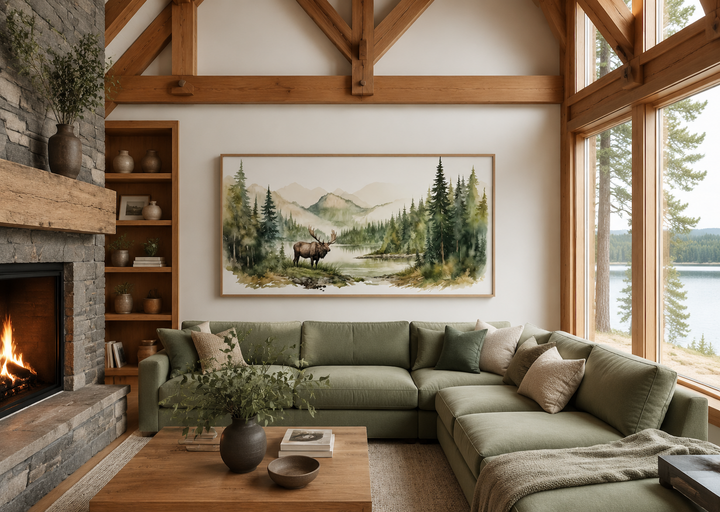 Framed watercolor canvas print of an elk in a mountain forest landscape above a green sofa.