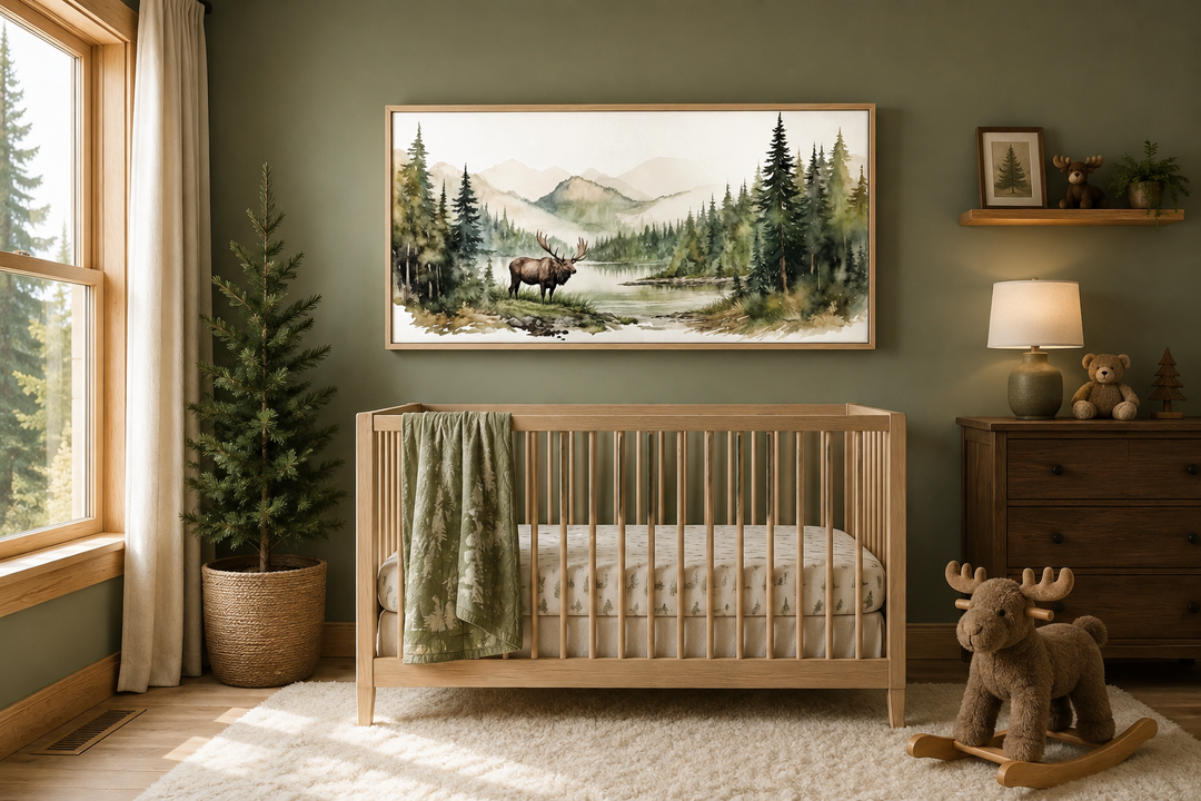 Framed watercolor print of an elk in a mountain forest hanging above a wooden crib in a nursery.
