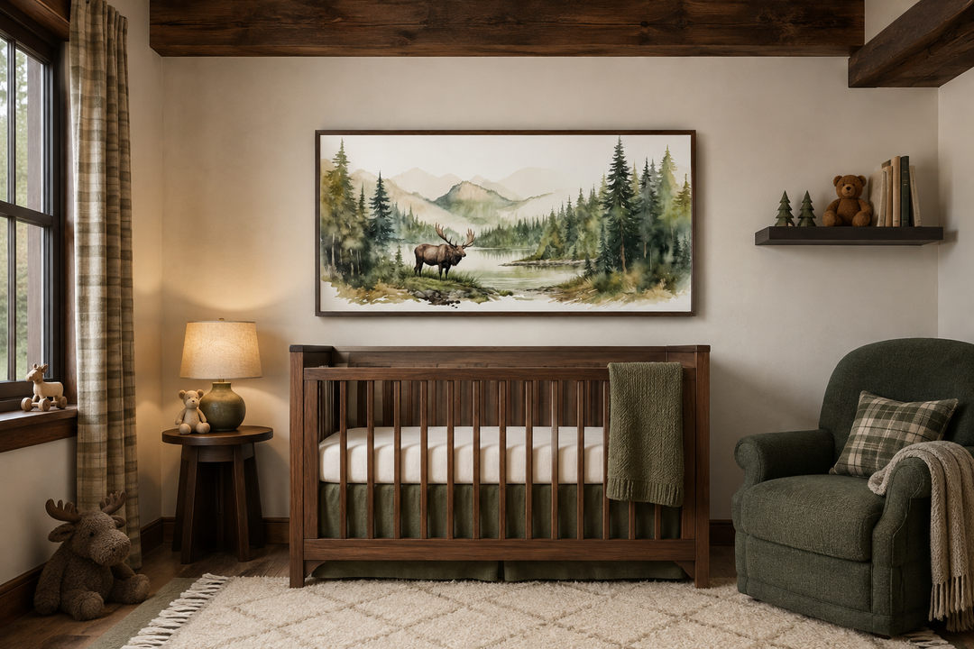 Framed watercolor canvas print of an elk in a mountain forest above a rustic wooden nursery crib.