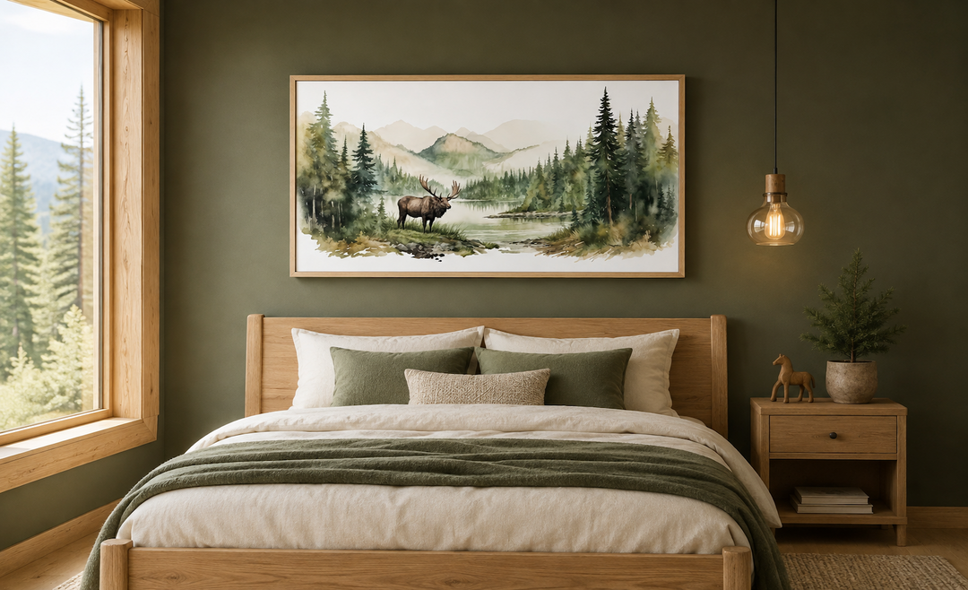 Framed watercolor canvas print of an elk in a mountain forest hanging above a wooden bed.