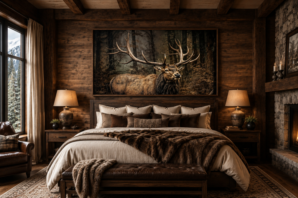 Framed canvas wall art of a majestic elk with large antlers in a dark forest above a bed.