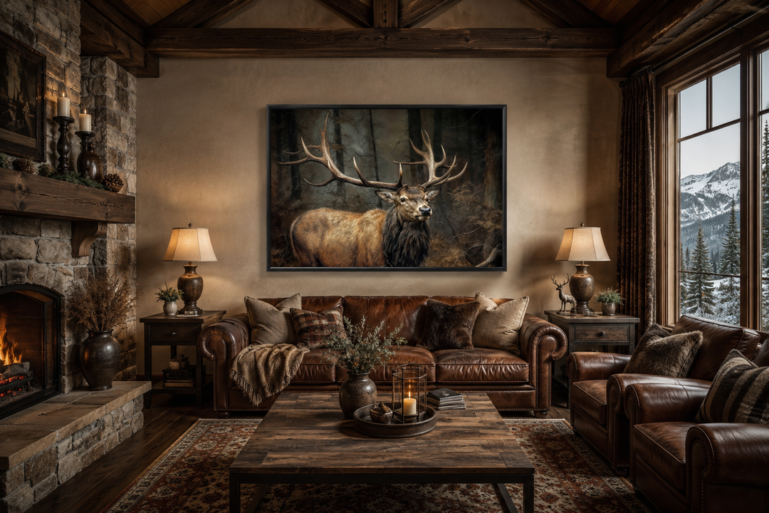 Elk with big antlers in a forest framed canvas wall art hanging above a leather sofa in a cabin.