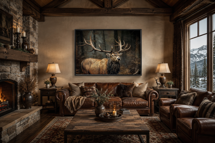 Elk with big antlers in a forest framed canvas wall art hanging above a leather sofa in a cabin.