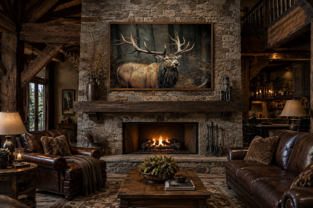 Elk with big antlers in the forest framed canvas wall art hanging above a rustic stone fireplace.