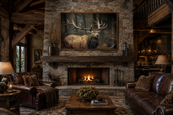 Elk with big antlers in the forest framed canvas wall art hanging above a rustic stone fireplace.