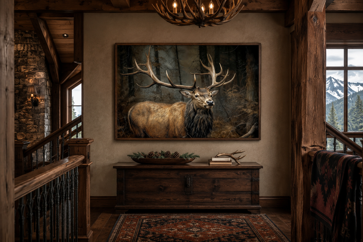 Framed canvas wall art of a majestic elk with large antlers standing in a dark forest.
