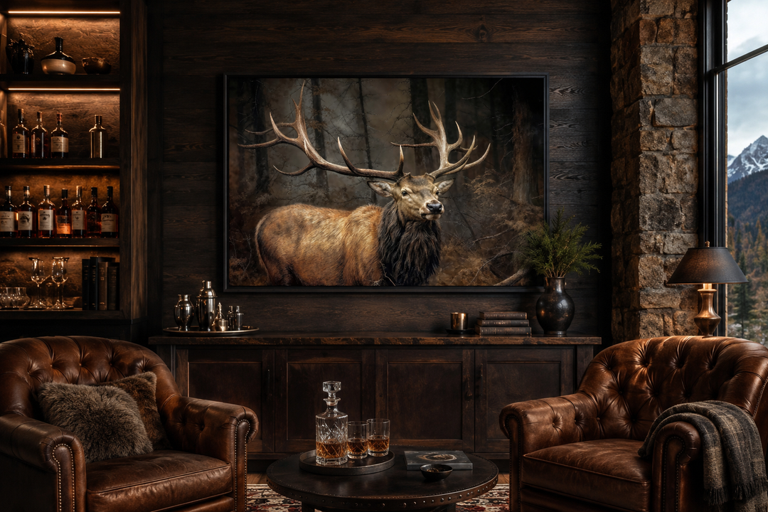 Elk with big antlers in a forest framed canvas wall art hanging in a rustic living room.