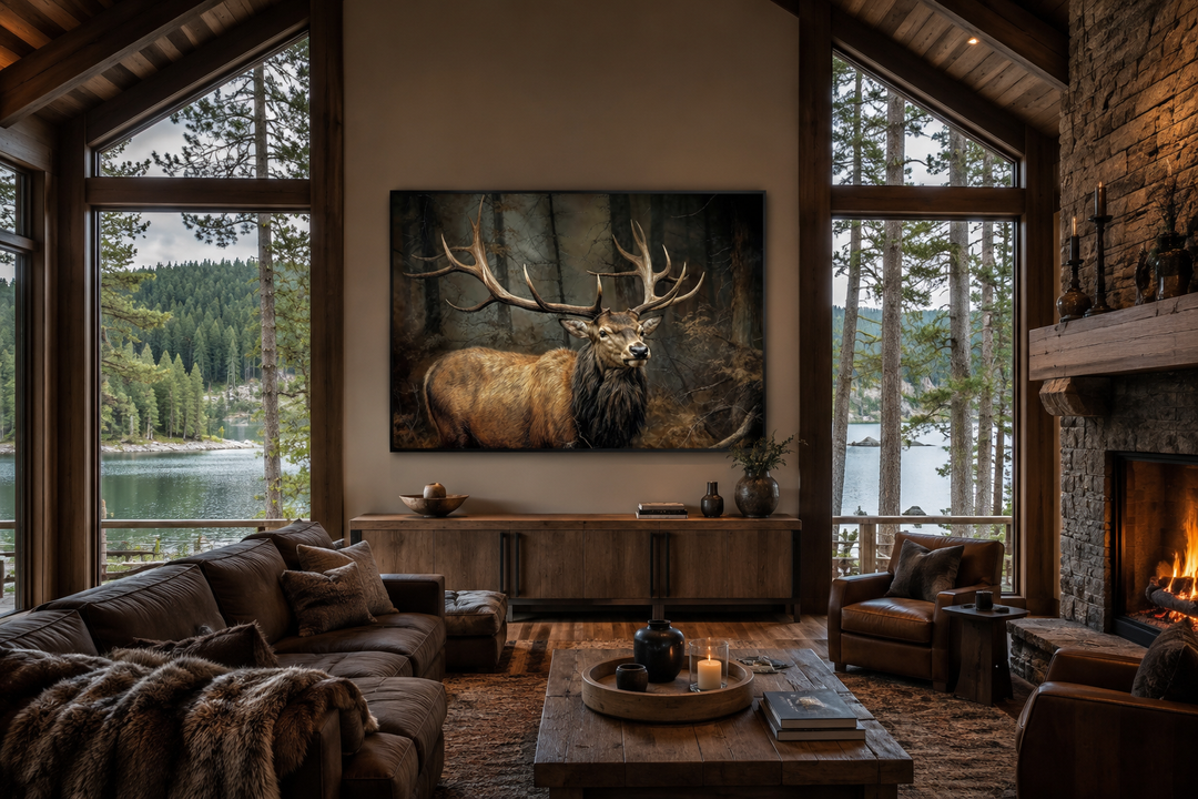 Framed canvas wall art of a majestic elk with large antlers in a dark forest setting.