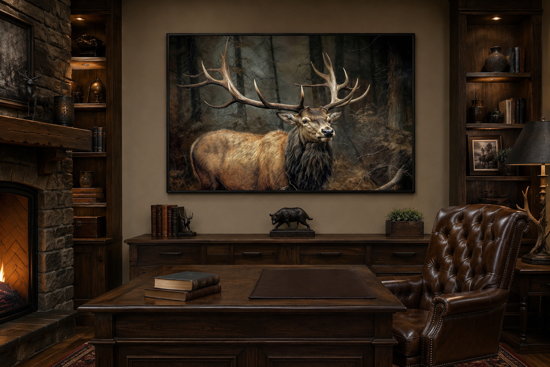 Framed canvas wall art of a majestic elk with large antlers in a dark forest above a wooden desk.