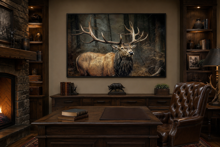 Framed canvas wall art of a majestic elk with large antlers in a dark forest above a wooden desk.