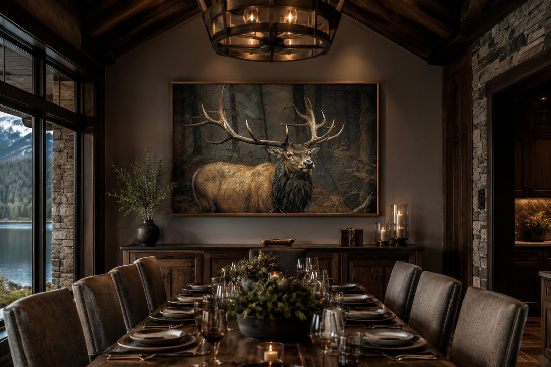 Framed canvas wall art of a majestic elk with large antlers in a dark forest above a dining table.