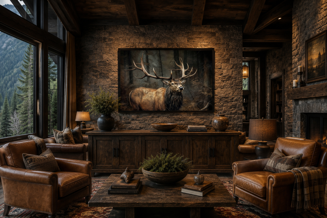 Elk with big antlers in the forest framed canvas wall art hanging in a rustic living room.