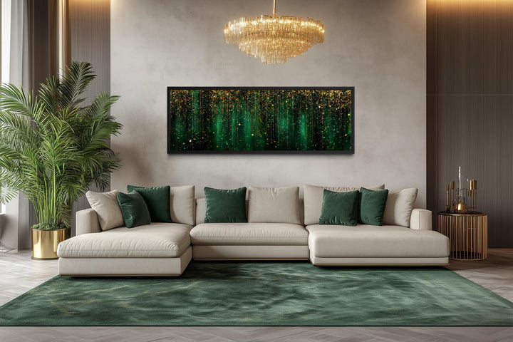 Emerald green and gold abstract rain pattern canvas wall art displayed above a modern sofa.