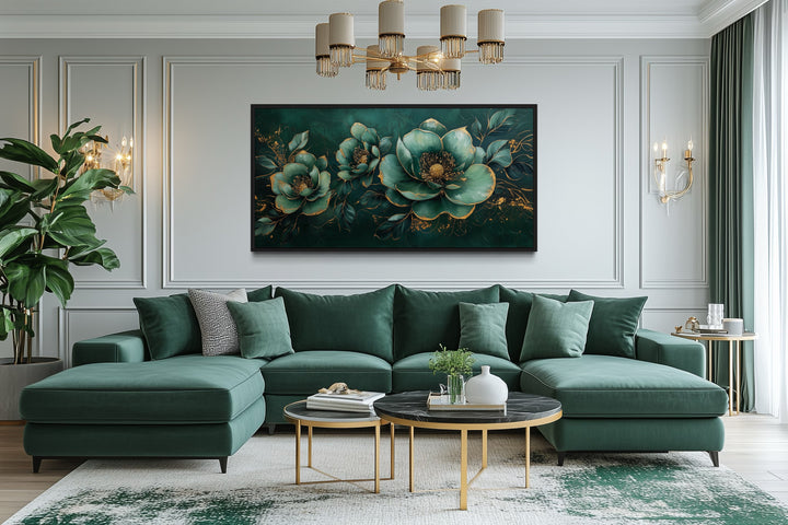 Emerald Green Gold Art Nouveau Flowers Framed Canvas Wall Art