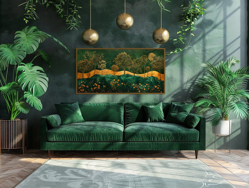 Emerald Green Gold Art Nouveau Trees Landscape Wall Art above green couch