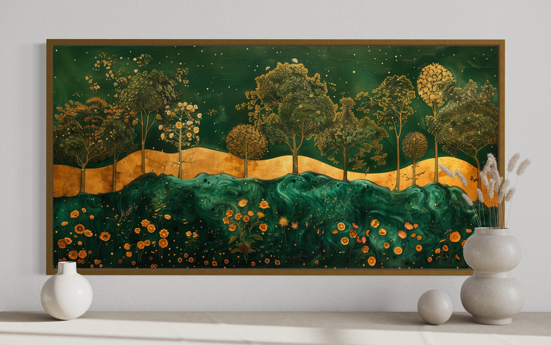 Emerald Green Gold Art Nouveau Trees Landscape Wall Art