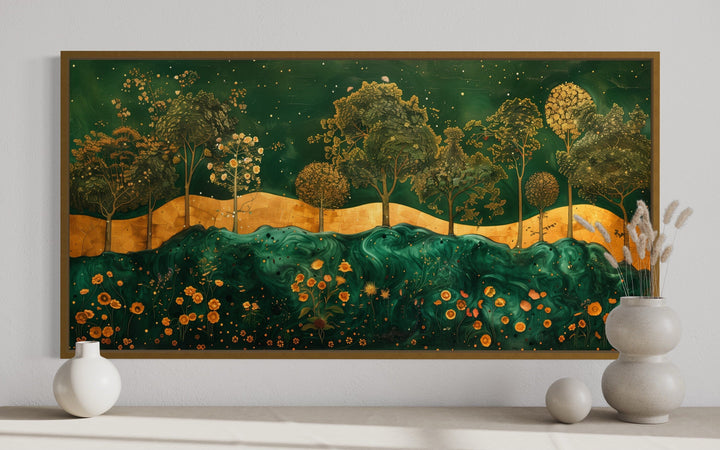 Emerald Green Gold Art Nouveau Trees Landscape Wall Art