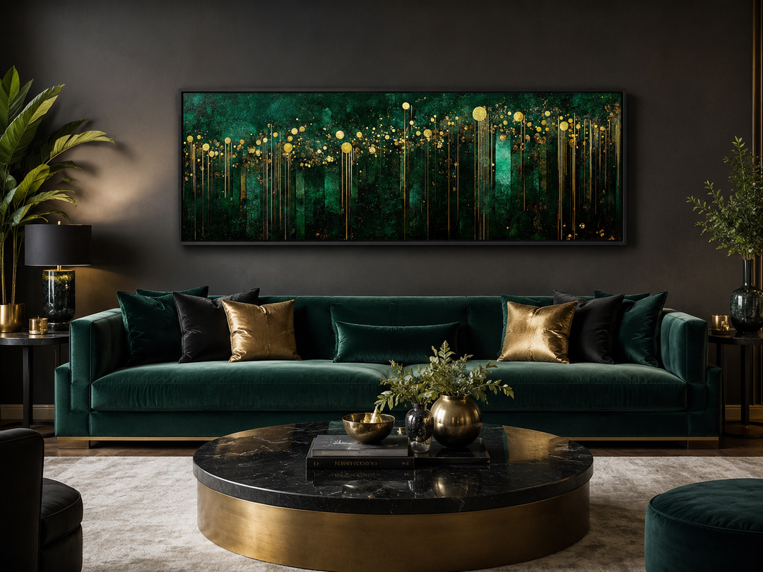 Emerald green and gold horizontal art deco framed canvas wall art above a green velvet sofa.