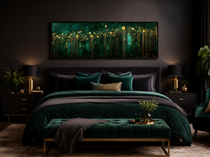 Emerald green and gold art deco framed canvas wall art hanging above a bed in a dark bedroom.