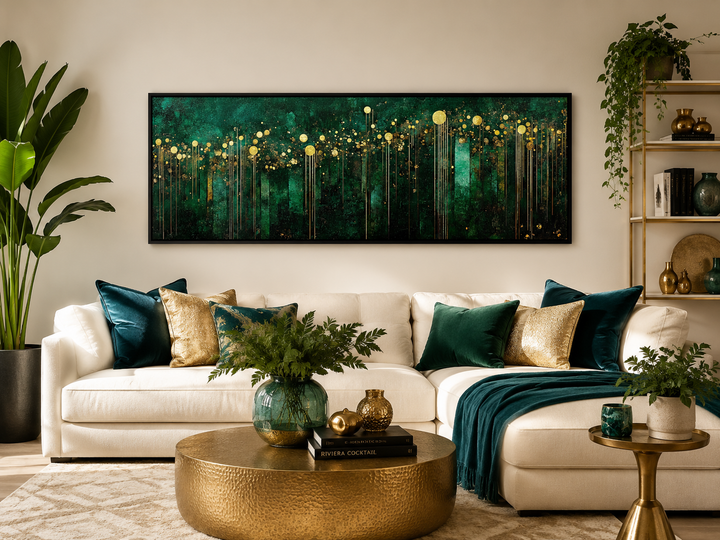 Horizontal framed canvas art with emerald green and gold art deco patterns above a white sofa.