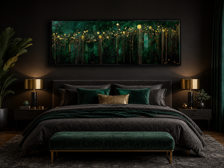 Emerald green and gold art deco framed horizontal canvas wall art hanging above a bed.