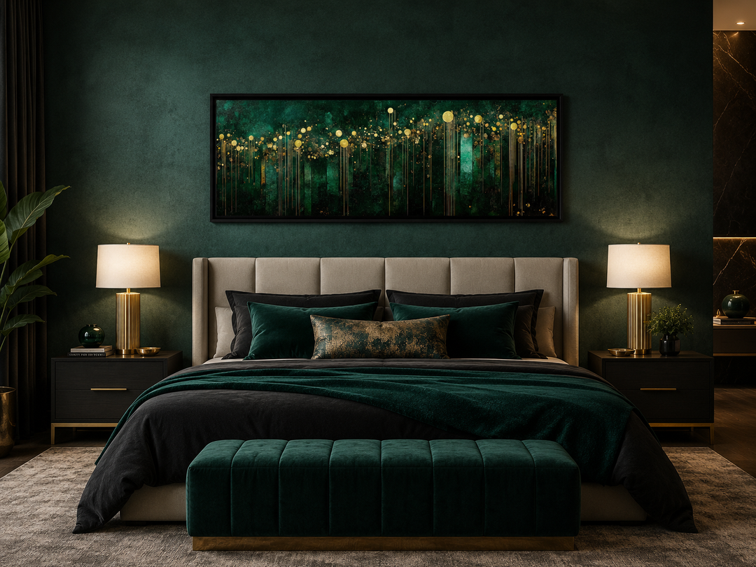 Emerald green and gold art deco framed canvas wall art hanging above a bed in a dark green bedroom.